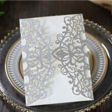 20 件婚礼请柬，DIY 镂空玫瑰形金色闪光婚礼请柬，附信封和回复卡，预扎缎带，适用于结婚周年纪念、新娘送礼会、订婚派对、宴会、夏季生日礼物、海滩返校学校用品、房间装饰 - 銀色 - 查看 9