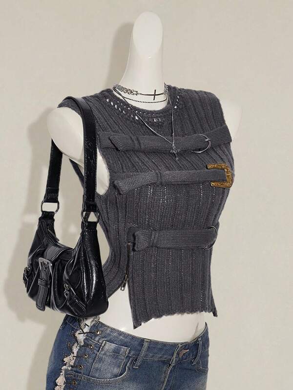 SHEIN ICON Women's Grey Sleeveless Cropped Vest With Zipper Hem Detail, Fitted Sexy Sweater Vest
