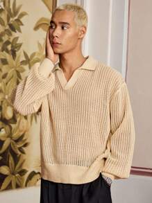 SWAVVY 男士纯色立领长袖休闲宽松针织上衣 - 芥末黃 - 查看 3