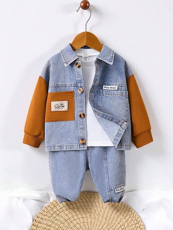 SHEIN Playful Pals Baby Boy 2pcs Cool Denim Jacket With Long Sleeve Shirt And Pants For Autumn