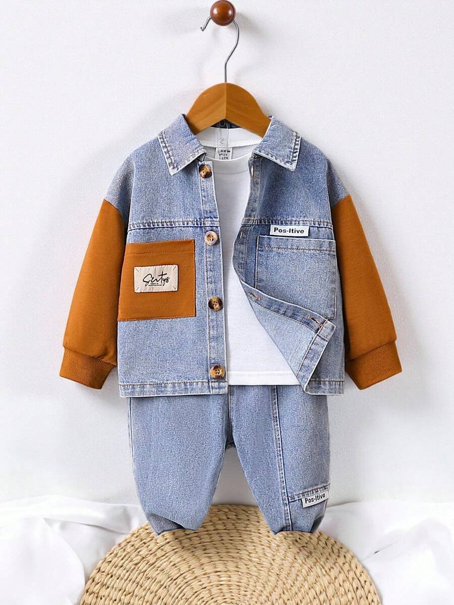 SHEIN Playful Pals Baby Boy 2pcs Cool Denim Jacket With Long Sleeve Shirt And Pants For Autumn - Mocha Brown - View 1