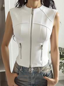 DAZY 女式半高领修身短款上衣金属拉链撞色无袖夏季复古 T 恤 - 白色 - 查看 3