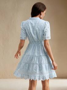 Anewsta V-Neck Fashionable Elegant Embroidery Lace Hollow Splicing Design Waisted Women Short Dress, Vacation Style - Blue - View 7