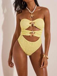 Opulessa 女士度假金属海星装饰镂空性感连体泳衣