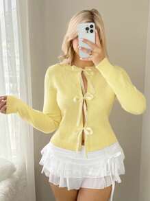 Sweetina Women's Solid Color Yellow Cardigan With Bow Front Fall Women Cardigan
