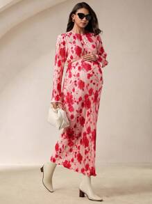 MaterniWear 孕妇花卉印花圆领长袖褶皱优雅连衣裙 - 粉色 - 查看 5