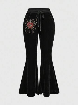 Goth Pantalones de terciopelo con bordado de cristal y rinostone con motivos de lágrima, sol, espada, corazón y estrella de zafiro, adecuados para fiestas de verano, graduaciones, bailes, playa y tallas grandes