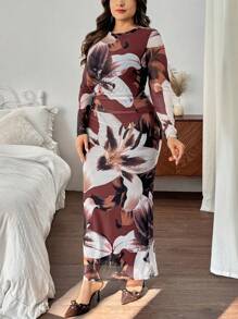 Firerie Plus Size Women Floral Print Round Neck Long Sleeve Fitted Elegant Dress Spring - Burgundy - View 5