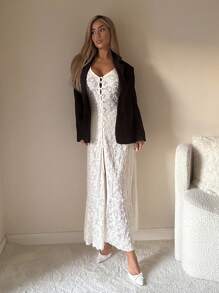 SHEIN ICON Áo len cardigan dài tay loe ren hoa đơn hàng khuy đơn cho nữ - Màu be - Xem 5
