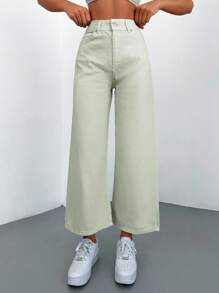 SHEIN Cottnline 100%纯棉高腰阔腿牛仔裤 - 薄荷綠 - 查看 4