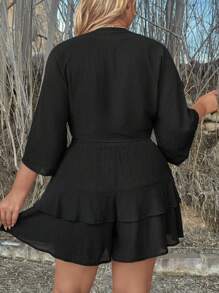 2 Stücke/Set Lässige Urlaubs-Damen Outfit aus strukturierter schwarzer Stoff-Bluse und Hose Große Größen Zweiteiler - Schwarz - Übersicht 2