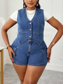 SHEIN Lady New Arrival Plus Size Denim Shorts Three-Dimensional Pocket High Waist Blue Autumn Clothing French Casual Outing Clothing Vacation Outfits Woman Back To School  Old Money Style Women