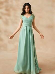 SHEIN 伴娘雪纺蕾丝盖袖 V 领 A 字长裙，优雅风格，适合少女参加婚礼、庆典、表演、生日派对