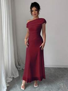 Đầm cổ cao xếp nếp kiểu Pháp thanh lịch cho nữ, viền lưới xẻ tà, cổ không đối xứng - Màu Đỏ Sâu - Xem 4