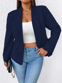 SHEIN PETITE Plus Size Simple Drawstring Collar Thin Blazer Jacket Fall Cloth For Women Autumn - Navy Blue - View 5