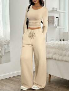 SHEIN EZwear Apricot Women Casual Pleated Crop Top & Wide-Leg Drawstring Waist Pants Set,Fall