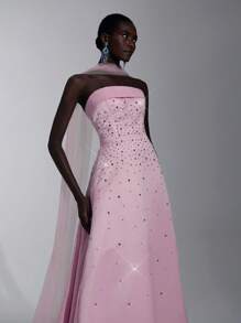 Elitara 优雅奢华的浅蓝色缎面手工水钻装饰露肩礼服，搭配飘逸的舞会礼服裙，适合约会、单身派对、庆典、正式活动、舞会、宴会 - 粉色 - 查看 2