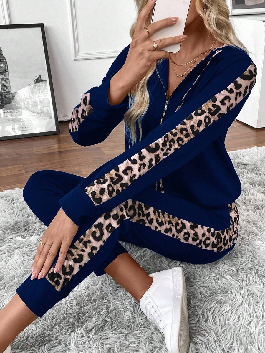 EMERY ROSE 2 件女式豹纹拉链前连帽夹克和裤子休闲装，秋季 - 藏蓝色 - 查看 1