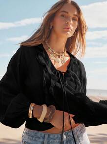 Aralina 荷叶边 V 领长袖前系带衬衫 - 黑色 - 查看 1