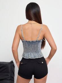 SHEIN ICON 女式时尚街头风格水洗前扣牛仔背带裤，夏季 - 淺色水洗藍 - 查看 2