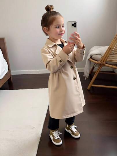 SHEIN Lose sitzender, langer, legerer Trenchcoat für Kleine Mädchen, Webware, einfarbig, mit Taillenbund und Klappenrandkragen
