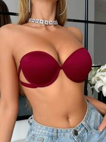 钢圈、提升、舒适、简约、半罩杯、抹胸式女士文胸 - 酒紅色 - 查看 5