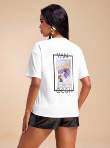 VALERIA GÓMEZ Weißes geripptes Kurzarm-T-Shirt mit Aufdruck für den Sommer, für Damen, Urlaub, Freizeit, T-Shirt mit Van-Gogh-Grafik, weißes Grafik-T-Shirt, übergroßes Grafik-T-Shirt, Grafik-T-Shirts für Damen, Kunst-T-Shirt für Damen