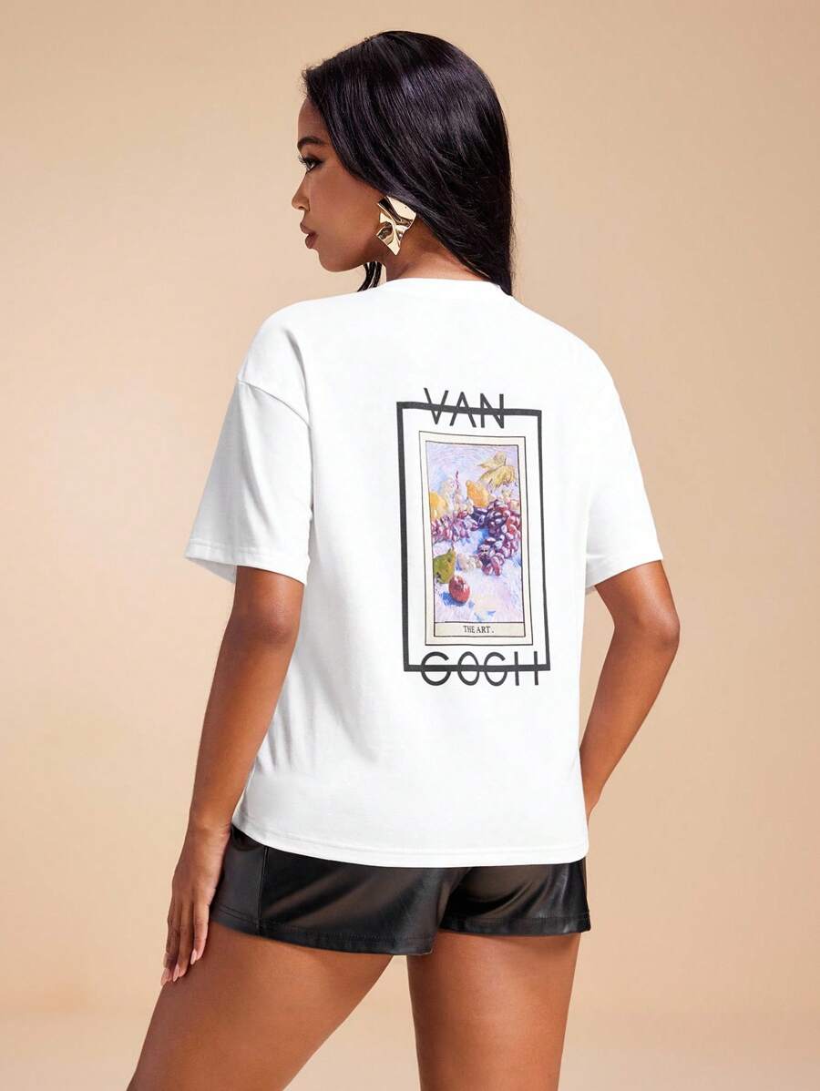 VALERIA GÓMEZ Weißes geripptes Kurzarm-T-Shirt mit Aufdruck für den Sommer, für Damen, Urlaub, Freizeit, T-Shirt mit Van-Gogh-Grafik, weißes Grafik-T-Shirt, übergroßes Grafik-T-Shirt, Grafik-T-Shirts für Damen, Kunst-T-Shirt für Damen