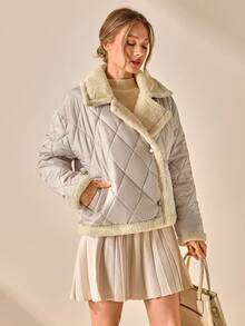 CLARA VERO Women Color Block Front Button Placket Sleeveless Pockets Casual Padded Coat Fashionable Casual Geometric Quilted Long Sleeve Jacket With Pockets - Beige - View 4