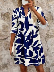 SHEIN Clasi 女士休闲优雅 V 领宽松短款连衣裙，适合夏季，花卉和叶子印花，蓝色和白色