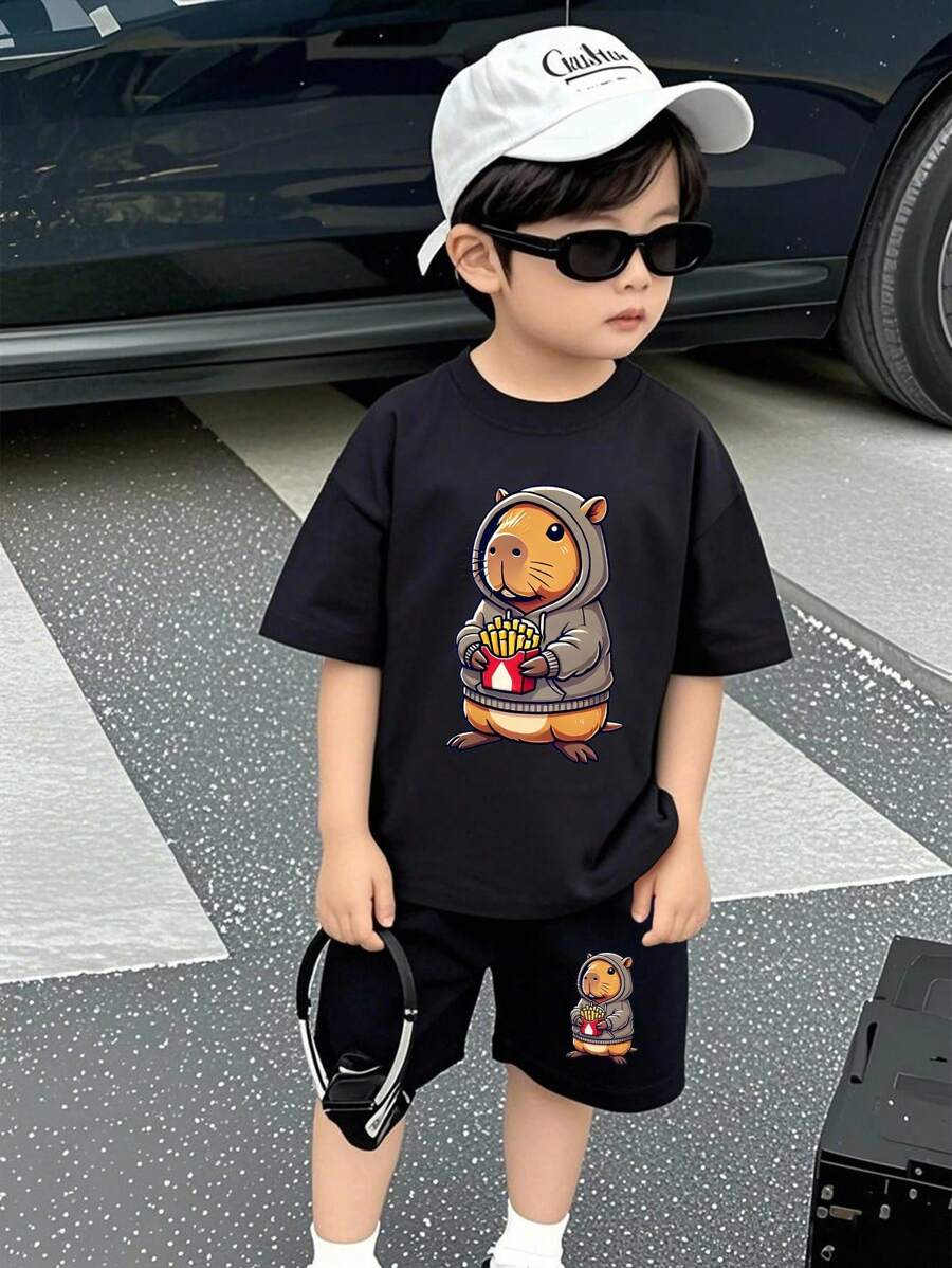 2件套男童休闲可爱卡通水豚图案短袖T恤和裤子套装男童套装男童T恤男童2件套青少年男童衬衫 - 黑色 - 查看 1