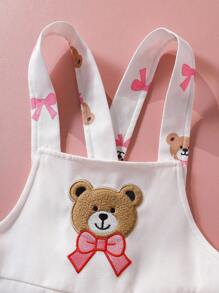 SHEIN 2pcs Young Girl Outfit Set - Cute Bear Embroidered Bib Pants, Long Sleeve T-Shirt, Bear & Bow Pattern Floral Set - Multicolor - View 7