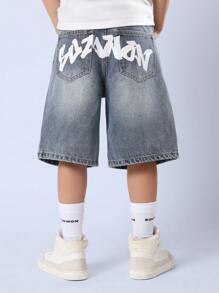 SUMWON 男童及膝牛仔短裤，带涂鸦后袋，宽松棉质夏季休闲街头服饰 - 藍色 - 查看 1