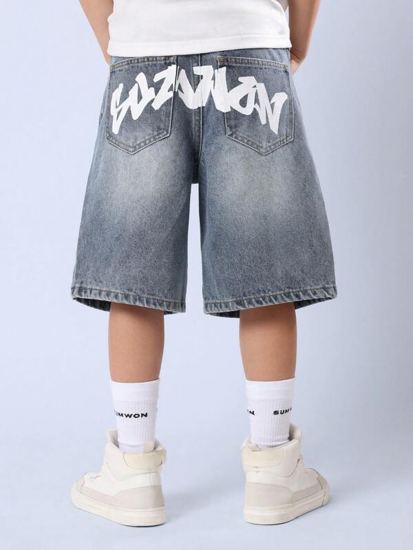 SUMWON Knee Length Boys Denim Shorts With Graffiti Back Pockets Loose Fit Cotton Summer Casual Streetwear