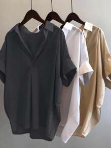 INAWLY 大码休闲百搭纯色蝙蝠袖衬衫短袖上衣 - 彩色 - 查看 1
