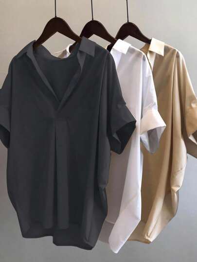 INAWLY 大码休闲百搭纯色蝙蝠袖衬衫短袖上衣