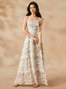 SHEIN 少女优雅碎花雪纺连衣裙，适合婚礼、舞会、正式活动的花童礼服，女童公主派对礼服 - 杏色 - 查看 8