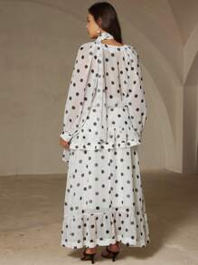 Aveloria Rosie Elegant Romantic Bohemian Ribbon Contrast Color Polka Dot Chiffon Blouse With Skirt 2 Pieces Set, Plus Size