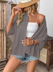 Breezaya Women's Solid Color 3/4 Sleeve Single-Breasted Casual Loose Shirt For Summer
