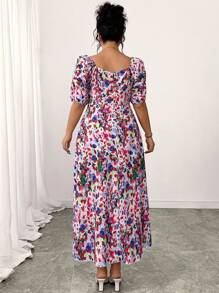 Modelyn Plus Size Crinkle Printed Square Collar Puff Sleeve A-Line Dress