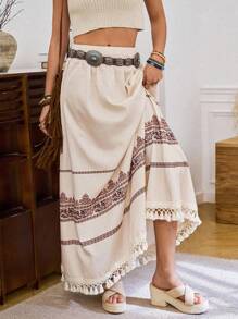 LanaWest 女士休闲花卉印花松紧腰拼布流苏裙，假日风格 - 杏色 - 查看 5