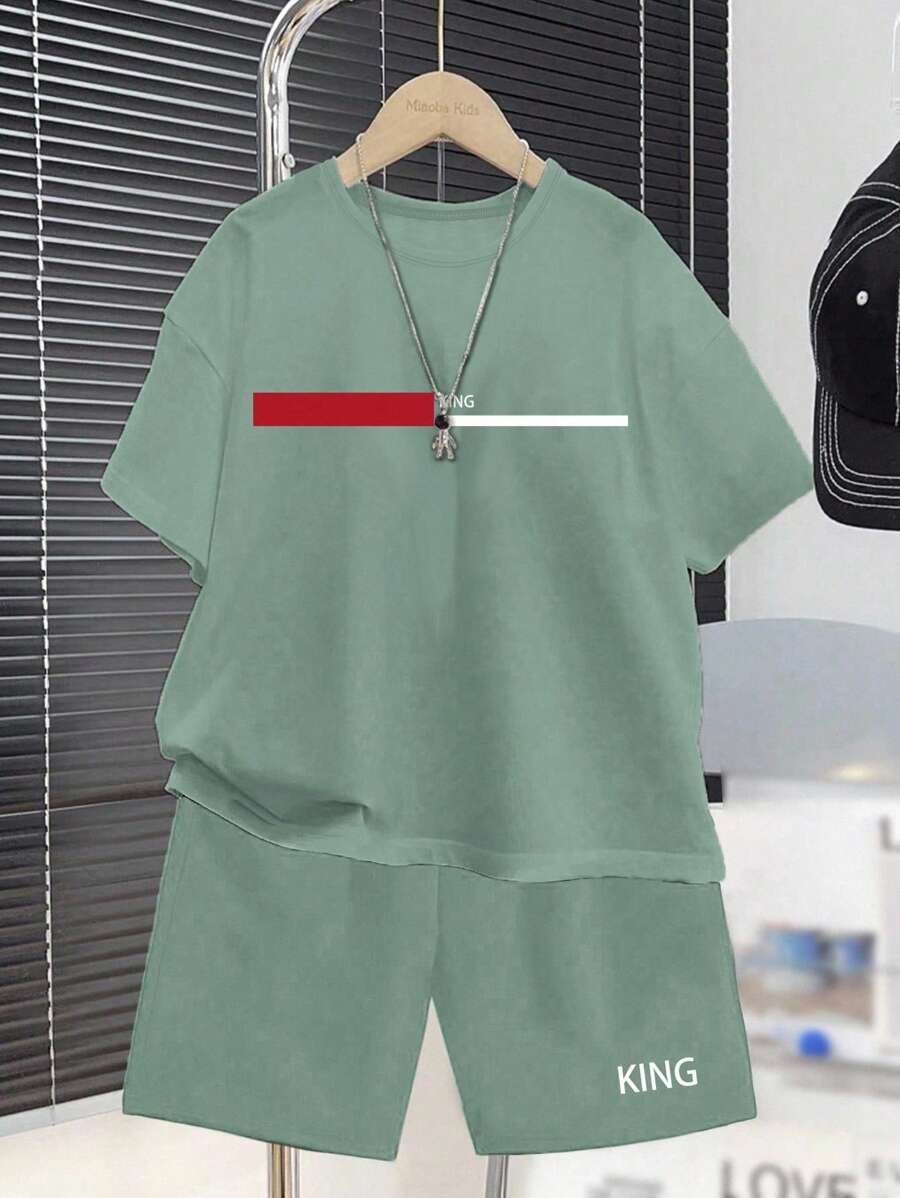 SHEIN Tween Boys 2pcs Set Casual Fashion Classic Striped Splice Stepped Print King Letter T-Shirt And Shorts For Summer - Green - View 1