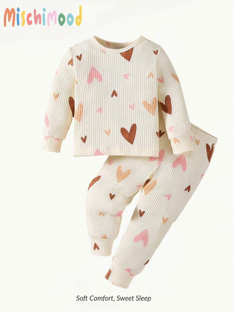 嬰兒女寶寶簡約風格愛心印花長袖上衣＆長褲休閒兩件式居家套裝 - 彩色 - 查看 1