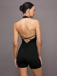 Activina Minimalist Solid Color Backless Halter Jumpsuit, Summer Sports - Black - View 2