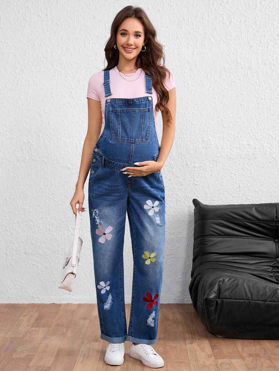 SHEIN 孕妇花卉刺绣口袋休闲牛仔背带裤