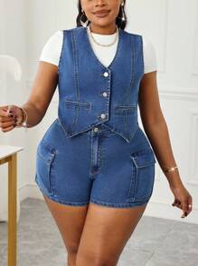 SHEIN Lady New Arrival Plus Size Denim Shorts Three-Dimensional Pocket High Waist Blue Autumn Clothing French Casual Outing Clothing Vacation Outfits Woman Back To School  Old Money Style Women