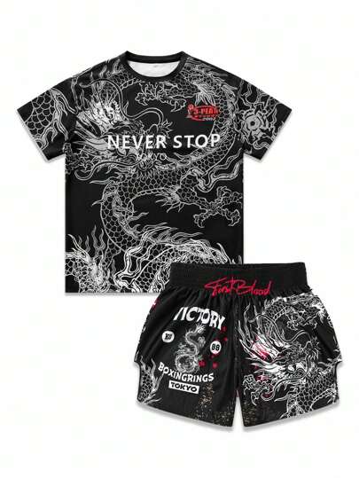 Street Life Men's T-Shirt & Shorts Set, Dragon Print Sportswear Set, Streetwear Style