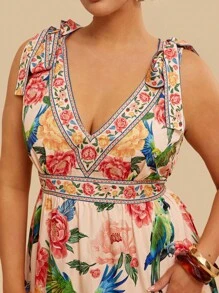 Travachic Plus Size Women's Summer Casual Vacation Shoulder Tie Bow Tropical Print Mini Dress