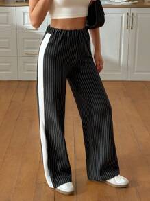 SHEIN Pantalones anchos casuales de mujer con tejido de punto, de unicolor, con contraste en los lados, de corte holgado y cómodo para fin de semana y ocio