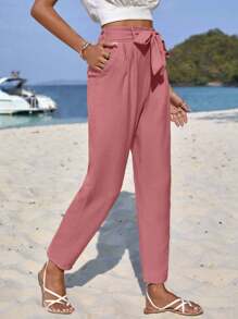 EURMUSE Solid Belted Cropped Trousers - Dusty Pink - View 3
